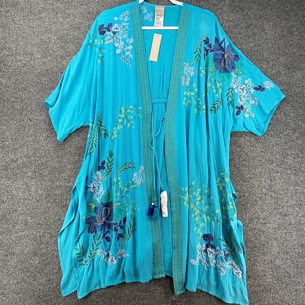 Chicos Kimono Top S/M Floral Embroidered Beaded Resort Beachy Cover Up Vacation